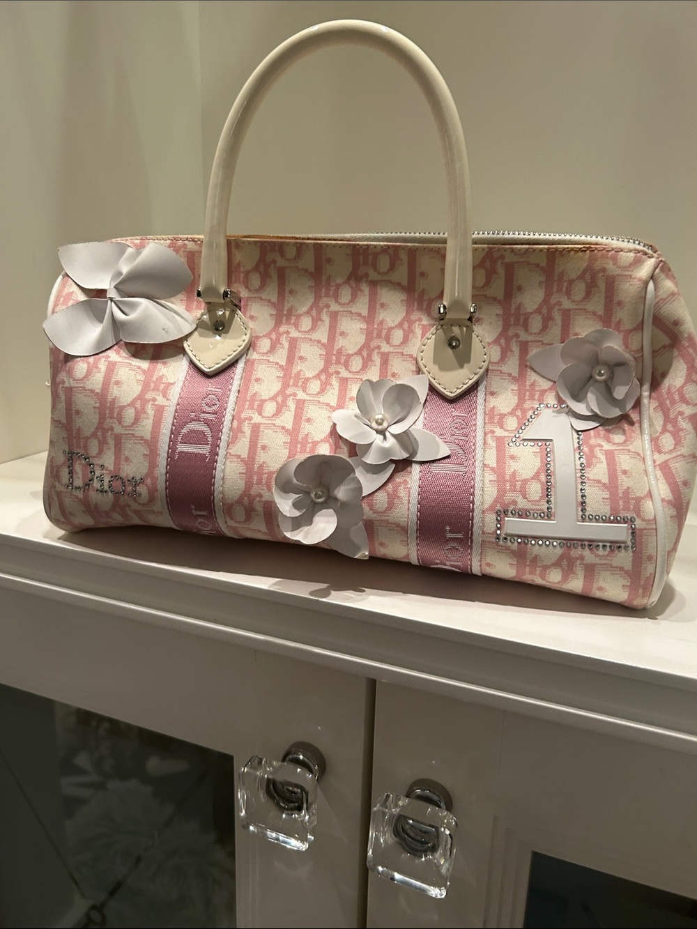 Dior Pink and White Floral Bowling Satchel with Crystal '1' Accent
